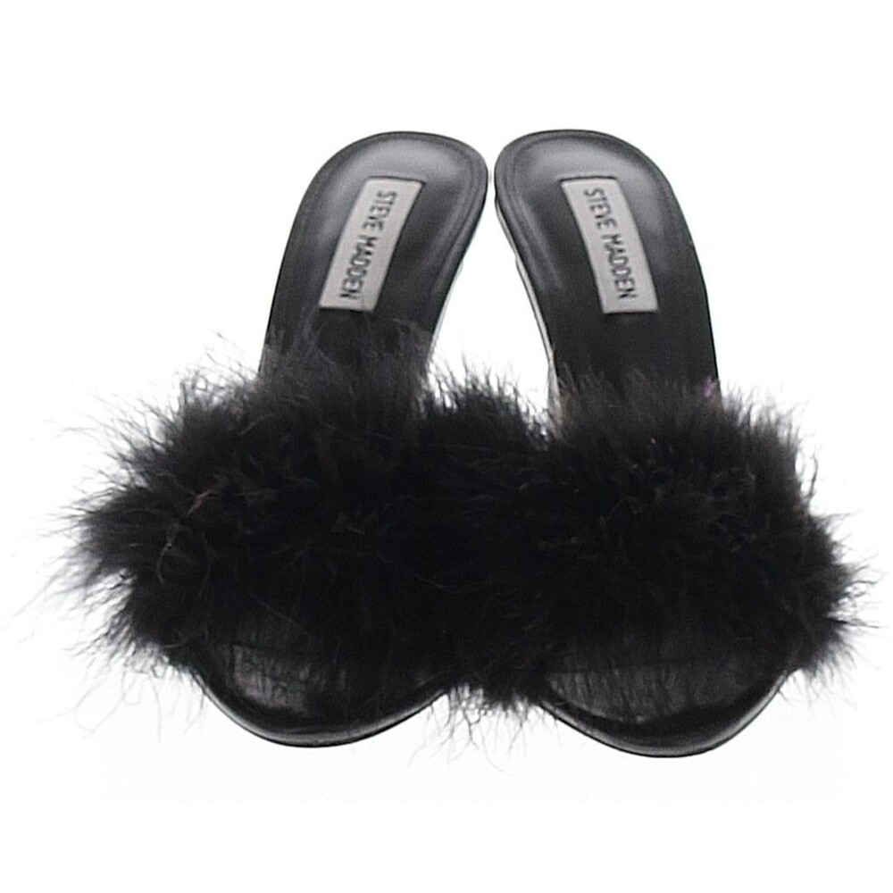 DESIGNER STEVE MADDEN BLACK FEATHER DETAIL HIGH HEEL MULES SHOES SIZE 8.5 M - Picture 2 of 16